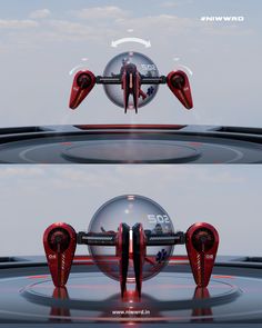 two views of the front and rear wheels of a futuristic vehicle, with red accents