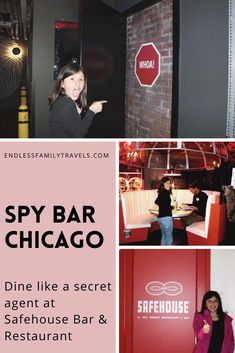 a collage of photos with the words spy bar chicago in black and pink, along with images of people at different locations