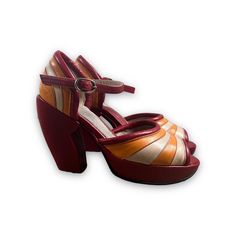 Vintage John Fluevog Heels From The Lip Service Family I Cannot Find The Size Anywhere But The Insole Measures 9.125 Which Is Equivalent To A Size 37 John Fluevog Shoes, Fluevog Shoes, John Fluevog, Shoes Vintage, Lip Service, Vintage Shoes, Orange Red, Shoes Women Heels, Shoe Accessories