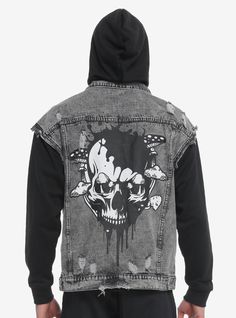 Add some biker vibes to your look with this twofer jacket! It features hoodie-like long-sleeves and a removable hood  plus a dark wash denim body with a skull printed on the back. Please note: Wash pattern may vary. Casual Cotton Hooded Jacket For Halloween, Urban Winter Biker Jacket For Streetwear, Punk Hooded Biker Jacket For Fall, Punk Style Hooded Biker Jacket For Fall, Fall Punk Hooded Biker Jacket, Hooded Grunge Streetwear Outerwear, Hooded Grunge Outerwear For Streetwear, Denim Biker Jacket With Zipper For Streetwear, Denim Biker Jacket With Zipper Closure For Streetwear