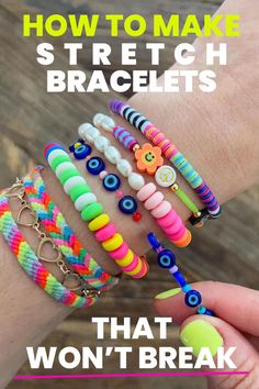 How To Start A Bracelet With Beads, How To Make An Elastic Beaded Bracelet, Best Elastic For Stretch Bracelet, How Long To Make A Bracelet, How To Make Beaded Stretch Bracelets, Making Elastic Bracelets, Kids Stretch Bracelets, How To Measure For Bracelet Size, Clay Bead Bracelet Supplies