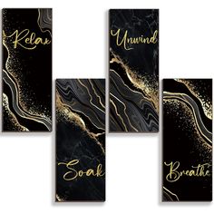 four black and gold wall art pieces