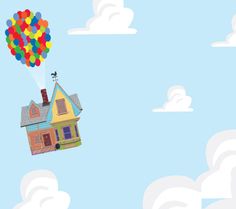 a house floating in the air with a bunch of balloons