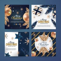 four christmas cards with gold and blue decorations