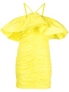 yellow ruffled trim ruched detailing halterneck spaghetti straps sleeveless straight hem Disco Clothing, Msgm Dress, Sales Clothes, Bath Robes For Women, Yellow Outfit, Blazer Outfits, 50 Shades, Halter Neckline, Bra Women