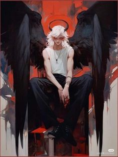 a man sitting on top of a chair next to two black wings