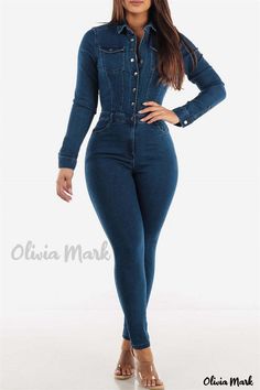 Color: Royal Blue, Size: 3XL Overalls Outfit Vintage, Jumpsuit Ideas, Long Sleeve Denim Jumpsuit, Overalls Outfits, Denim Style Casual, Denim Jumpsuits, Style Bleu, Look Casual Chic, Hot Jumpsuits