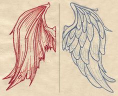 two drawings of wings, one red and the other blue