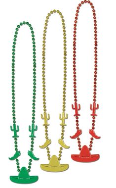 three necklaces with different colored beads and hats on each beaded strand, one in the shape of a cowboy's hat