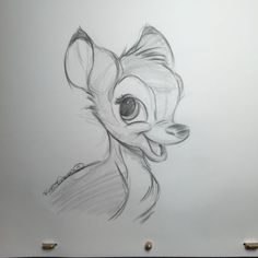 a pencil drawing of a deer with big eyes and an animal's head sticking out