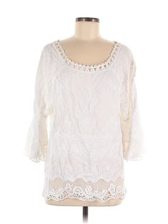 Spiaggia Dolce 3/4 Sleeve Blouse Size: Medium Tops - used. 100% RAYON | Spiaggia Dolce 3/4 Sleeve Blouse: Ivory Tops - Size Medium White Tops With 3/4 Sleeve And Lace Trim, Summer Lace Blouse With 3/4 Sleeves, Feminine White Half-sleeve Blouse, Feminine White Half Sleeve Blouse, White 3/4 Sleeve Summer Blouse, White 3/4 Sleeve Blouse For Vacation, White 3/4 Sleeve Tops For Vacation, White Bohemian Half Sleeve Tops, Bohemian Cream Blouse With 3/4 Sleeves