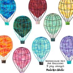 watercolor hot air balloons are shown in different colors