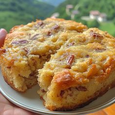 a person holding a piece of cake on a plate in front of a mountain view