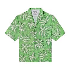 Front-facing product image of 'Palm Fronds (Green)' made of 100% Tencel that showcases its repeated Palm Frond patter, a unique, curved camp collar with no notch that lays flat, and V-slits on cuffs and lower patch pockets, all shot on a white background. Green Hawaiian Camp Shirt With All Over Print, Green Palm Tree Print Top With Camp Collar, Green Camp Collar Top With Palm Tree Print, Green Printed Hawaiian Shirt For Beach Season, Printed Green Camp Shirt For Beach Season, Green Printed Camp Shirt For Beach Season, Green Tropical Palm Tree Print Tops, Green Palm Tree Print Camp Shirt For Beach, Green Hawaiian Shirt With All Over Print For Summer