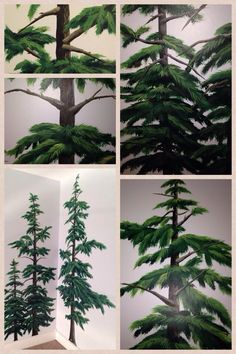 the process of painting a pine tree with acrylic paint