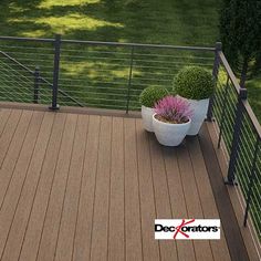 two potted plants sitting on top of a wooden deck next to a metal railing