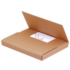 an open cardboard box with a card inside