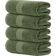 four towels stacked on top of each other in different colors and sizes, one is green