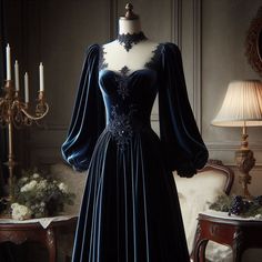 A luxurious midnight blue gown with velvet details, a modest boat neckline, full bishop sleeves, and an elegant silk skirt. Midnight Blue Silk Dress, Victorian Evening Gown, Dark Blue Gown, Midnight Blue Gown, Midnight Blue Wedding, Gown Aesthetic, Blue Velvet Gown, Winter Gowns, Midnight Blue Dress