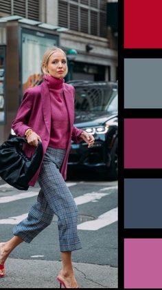 Berry Outfit Color Combos, Gray Combination Color Clothes, Fucsia Outfit Combination, Gray Trousers Outfit Women Casual, Grey Color Combinations Outfits, Raspberry Outfit, Gray Trousers Outfit, Outfit Color Combinations