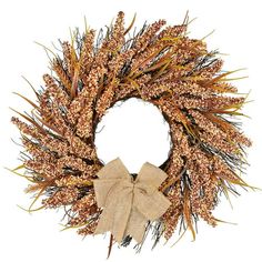 a wreath made out of dried grass and burlock with a bow on the front