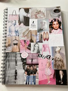 a spiral notebook covered in many different pictures and words, including women's clothing