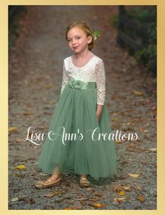 Sage Green Wedding Flower Girl, Dark Green Flower Girl Dresses, Green Boho Flower Girl Dresses, Hunter Green Flower Girl Dress, White And Green Flower Girl Dress, Sage Flower Girl Dress, Bridesmaid Tulle, Long Flower Girl Dresses, Floral Embroidery Dress