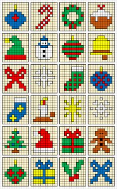 the cross stitch pattern for christmas stockings, hats and mittens is shown in rows