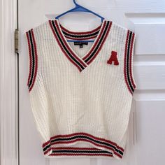 Sweater Vest Collegiate White Top For Fall, College Style White Tops For Fall, White College Style Tops For Fall, White Fall Sweater For College, White Knit Preppy Tops, White Varsity Top For Spring, White Preppy Knit Tops, Casual Knit Tops For College, White Tops For College In Fall