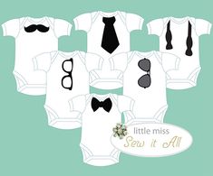 baby onesuits with ties and glasses on them are shown in black and white