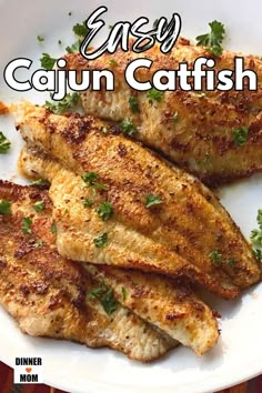 the cover of easy cajun catfish is shown on a plate with parsley