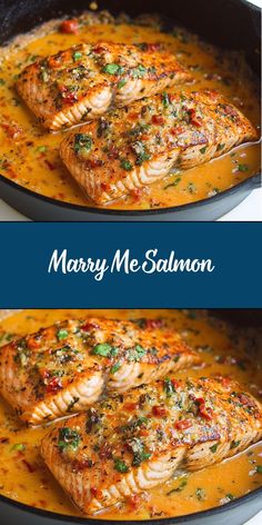 two pictures of salmon in a yellow sauce