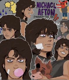 the faces of michael afton and his dog are shown in this cartoon character poster