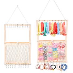 two wall hangings with different types of hair ties and clips in them on hooks