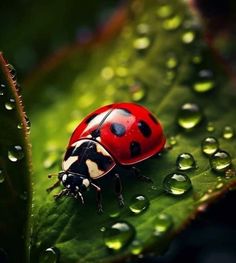 a ladybug sitting on top of a green leaf covered in raindrops