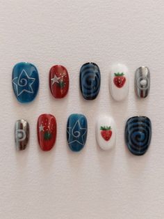 Funky Nail Designs Acrylics, Mail Art Short Nails, Nail Inspos On Short Nails, Swag Nails Short, Short Fruit Nails, Funky Winter Nails, Short Funky Nail Designs, Funky Nails Short, Funky Acrylic Nails