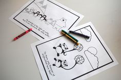 two children's coloring pages with crayons on them