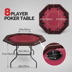 the 8 player poker table is shown with measurements