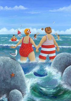 two women in bathing suits are walking through the ocean with rocks and boats on the water