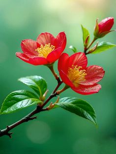 two red flowers with yellow stamens are on a tree branch in the sunlight