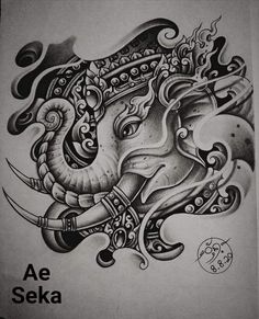 an elephant tattoo design on paper with the words ae seka written in black ink