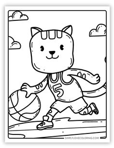 a coloring page with a cat holding a basketball ball in it's hand and running