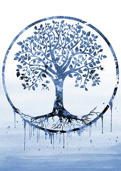 the tree of life symbol is painted in blue and white with dripping paint on it