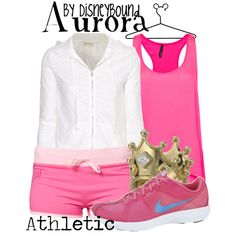 there is a pink and white outfit with gold accents on the bottom, and a pair of shoes