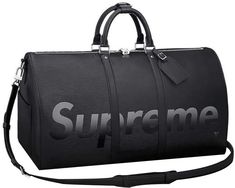 Louis Vuitton x Supreme Keepall Bandouliere Epi 55 Black Louis Vuitton Fanny Pack, Louis Vuitton Supreme, Travel Nursing, Fashion Tote Bag, Louis Vuitton Keepall, Louis Vuitton Damier Azur, Designer Products, Large Tote Bag, Vuitton Handbags