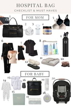 Hospital Bag Checklist and Must Haves. Includes a list of items a mom-to-be should pack in their hospital bag before labor and delivery. Includes items for mom to pack and items to pack for baby in hospital bag. Items are; iPhone case with wallet, extended phone charger, AirPods, nipple cream, nursing bras, going home outfits, nursing friendly outfits, toiletries, blanket, water bottle, hair ties, carseat, baby clothes, swaddles, sound machine, baby book, baby mittens. Hospital Bag Must Haves, Baby Nesting, Baby Hospital Bag Checklist, Bag Must Haves, Mommy Hospital Bag, Baby Belle, Maternity Essentials, Hospital Bag For Mom To Be, Pregnancy Hospital Bag