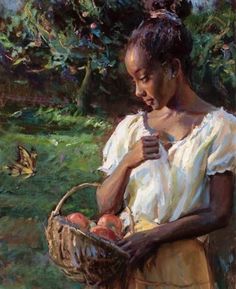 a painting of a woman holding a basket of fruit