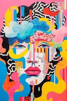 a painting with many different colored shapes and colors on the face, as well as an image of a woman's face