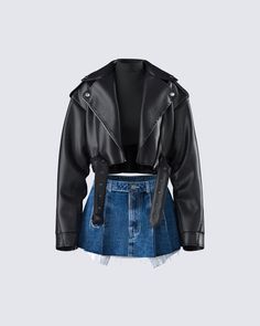 Get back on your bullshit in this iconic three-piece set 😜 With a vibe that gives it-girl energy, this fit features a black turtleneck cropped top, a vintage cropped black moto jacket, and a pleated denim mini skirt 🖤 Biker Outfits For Women, Grunge Office, Black Party Tops, Pleated Denim Mini Skirt, Tailgate Outfits, Girl Energy, Crop Top Jacket, Pleated Denim, Tailgate Outfit