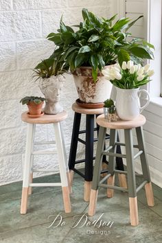 three potted plants sit on stools in front of a window